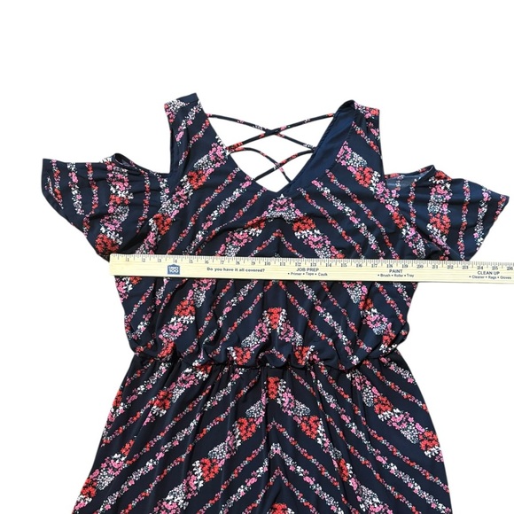 Maurice’s Cold Shoulder Navy Blue Pink Floral Midi Dress Shark bite Hem Sz 1X - Picture 4 of 7